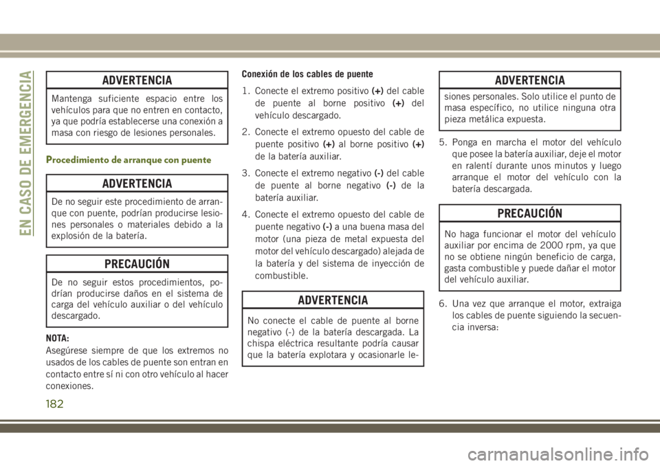 JEEP WRANGLER 2018 Manual de Empleo y Cuidado (in Spanish) ADVERTENCIA
Mantenga suficiente espacio entre los
vehículos para que no entren en contacto,
ya que podría establecerse una conexión a
masa con riesgo de lesiones personales.
Procedimiento de arranq JEEP WRANGLER 2018 Manual de Empleo y Cuidado (in Spanish) ADVERTENCIA
Mantenga suficiente espacio entre los
vehículos para que no entren en contacto,
ya que podría establecerse una conexión a
masa con riesgo de lesiones personales.
Procedimiento de arranq