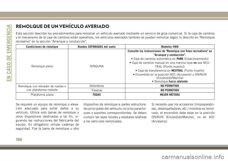 JEEP WRANGLER 2018 Manual de Empleo y Cuidado (in Spanish) REMOLQUE DE UN VEHÍCULO AVERIADO
Esta sección describe los procedimientos para remolcar un vehículo averiado mediante un servicio de grúa comercial. Si la caja de cambios
y el mecanismo de la caja JEEP WRANGLER 2018 Manual de Empleo y Cuidado (in Spanish) REMOLQUE DE UN VEHÍCULO AVERIADO
Esta sección describe los procedimientos para remolcar un vehículo averiado mediante un servicio de grúa comercial. Si la caja de cambios
y el mecanismo de la caja