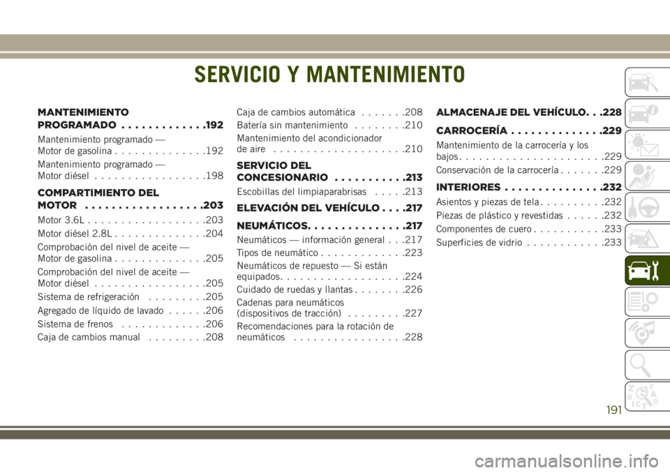 JEEP WRANGLER 2018 Manual de Empleo y Cuidado (in Spanish) SERVICIO Y MANTENIMIENTO
MANTENIMIENTO
PROGRAMADO.............192
Mantenimiento programado —
Motor de gasolina..............192
Mantenimiento programado —
Motor diésel.................198
COMPART JEEP WRANGLER 2018 Manual de Empleo y Cuidado (in Spanish) SERVICIO Y MANTENIMIENTO
MANTENIMIENTO
PROGRAMADO.............192
Mantenimiento programado —
Motor de gasolina..............192
Mantenimiento programado —
Motor diésel.................198
COMPART