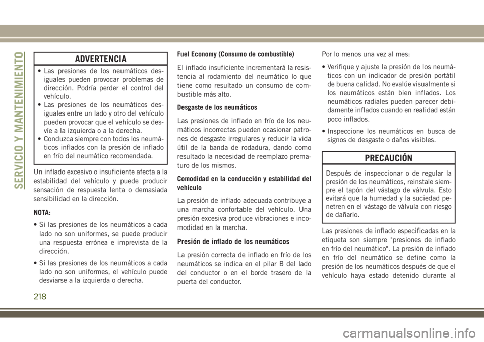 JEEP WRANGLER 2018 Manual de Empleo y Cuidado (in Spanish) ADVERTENCIA
• Las presiones de los neumáticos des-
iguales pueden provocar problemas de
dirección. Podría perder el control del
vehículo.
• Las presiones de los neumáticos des-
iguales entre JEEP WRANGLER 2018 Manual de Empleo y Cuidado (in Spanish) ADVERTENCIA
• Las presiones de los neumáticos des-
iguales pueden provocar problemas de
dirección. Podría perder el control del
vehículo.
• Las presiones de los neumáticos des-
iguales entre