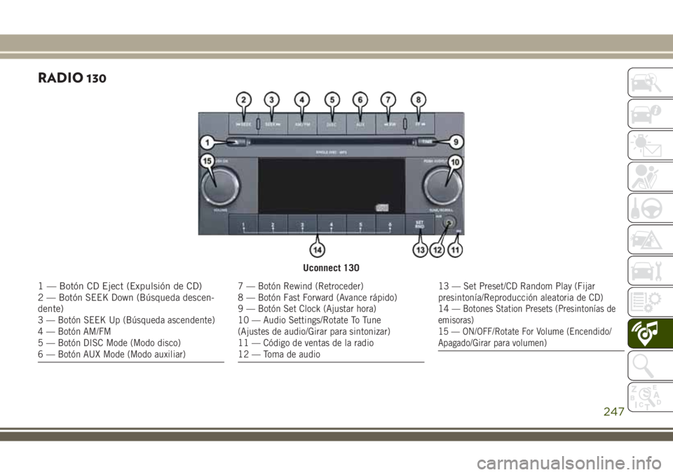 JEEP WRANGLER 2020  Manual de Empleo y Cuidado (in Spanish) RADIO 130
Uconnect 130
1 — Botón CD Eject (Expulsión de CD)
2
— Botón SEEK Down (Búsqueda descen-
dente)
3
— Botón SEEK Up (Búsqueda ascendente)
4 — Botón AM/FM
5 — Botón DISC Mode (