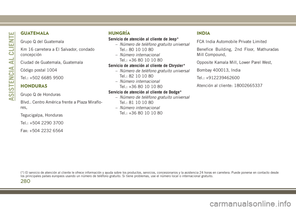 JEEP WRANGLER 2018 Manual de Empleo y Cuidado (in Spanish) GUATEMALA
Grupo Q del Guatemala
Km 16 carretera a El Salvador, condado
concepción
Ciudad de Guatemala, Guatemala
Código postal 1004
Tel.: +502 6685 9500
HONDURAS
Grupo Q de Honduras
Blvd.. Centro Am JEEP WRANGLER 2018 Manual de Empleo y Cuidado (in Spanish) GUATEMALA
Grupo Q del Guatemala
Km 16 carretera a El Salvador, condado
concepción
Ciudad de Guatemala, Guatemala
Código postal 1004
Tel.: +502 6685 9500
HONDURAS
Grupo Q de Honduras
Blvd.. Centro Am