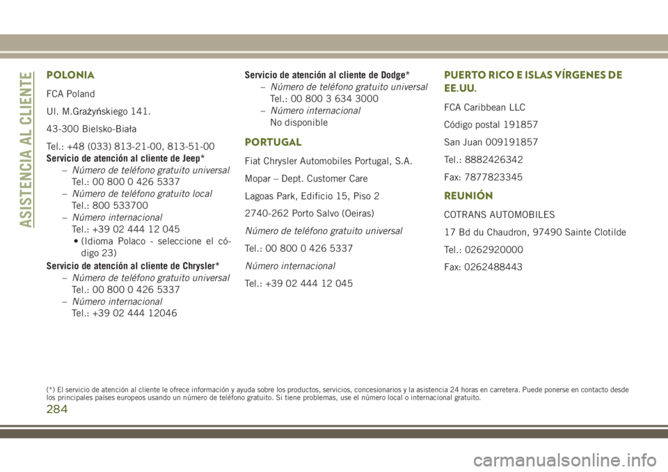 JEEP WRANGLER 2018 Manual de Empleo y Cuidado (in Spanish) POLONIA
FCA Poland
Ul. M.Grażyńskiego 141.
43-300 Bielsko-Biała
Tel.: +48 (033) 813-21-00, 813-51-00
Servicio de atención al cliente de Jeep*
–Número de teléfono gratuito universal
Tel.: 00 80 JEEP WRANGLER 2018 Manual de Empleo y Cuidado (in Spanish) POLONIA
FCA Poland
Ul. M.Grażyńskiego 141.
43-300 Bielsko-Biała
Tel.: +48 (033) 813-21-00, 813-51-00
Servicio de atención al cliente de Jeep*
–Número de teléfono gratuito universal
Tel.: 00 80