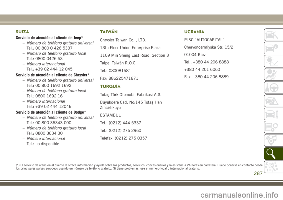 JEEP WRANGLER 2018 Manual de Empleo y Cuidado (in Spanish) SUIZA
Servicio de atención al cliente de Jeep*
–Número de teléfono gratuito universal
Tel.: 00 800 0 426 5337
–Número de teléfono gratuito local
Tel.: 0800 0426 53
–Número internacional
Te JEEP WRANGLER 2018 Manual de Empleo y Cuidado (in Spanish) SUIZA
Servicio de atención al cliente de Jeep*
–Número de teléfono gratuito universal
Tel.: 00 800 0 426 5337
–Número de teléfono gratuito local
Tel.: 0800 0426 53
–Número internacional
Te