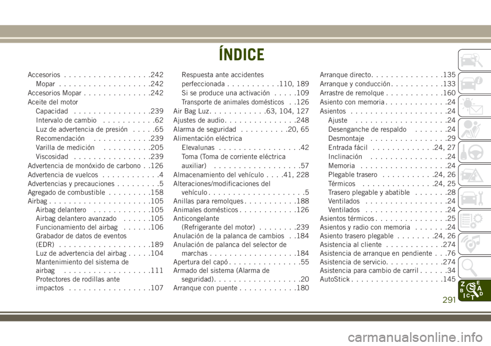 JEEP WRANGLER 2018 Manual de Empleo y Cuidado (in Spanish) Accesorios..................242
Mopar...................242
Accesorios Mopar..............242
Aceite del motor
Capacidad................239
Intervalo de cambio...........62
Luz de advertencia de presi JEEP WRANGLER 2018 Manual de Empleo y Cuidado (in Spanish) Accesorios..................242
Mopar...................242
Accesorios Mopar..............242
Aceite del motor
Capacidad................239
Intervalo de cambio...........62
Luz de advertencia de presi