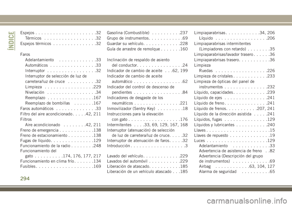 JEEP WRANGLER 2018 Manual de Empleo y Cuidado (in Spanish) Espejos.....................32
Térmicos..................32
Espejos térmicos...............32
Faros
Adelantamiento.............33
Automáticos................33
Interruptor.................32
Interr JEEP WRANGLER 2018 Manual de Empleo y Cuidado (in Spanish) Espejos.....................32
Térmicos..................32
Espejos térmicos...............32
Faros
Adelantamiento.............33
Automáticos................33
Interruptor.................32
Interr