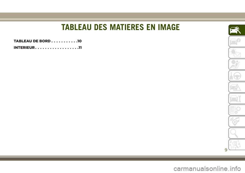 JEEP WRANGLER 2021  Notice dentretien (in French) TABLEAU DES MATIERES EN IMAGE
TABLEAU DE BORD...........10
INTERIEUR..................11
TABLEAU DES MATIERES EN IMAGE
9 
