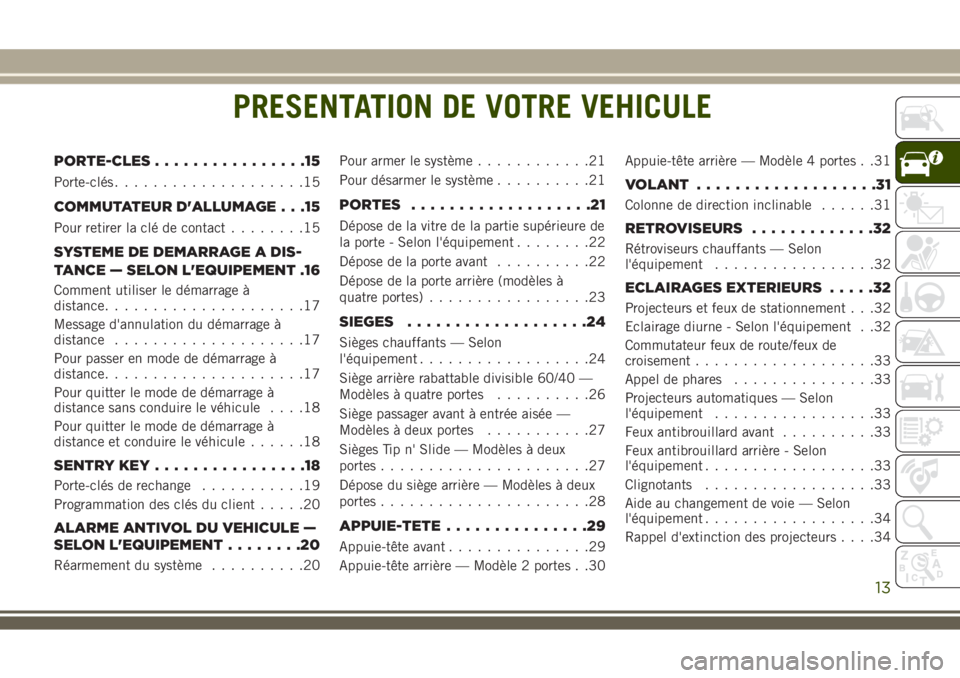 JEEP WRANGLER 2018  Notice dentretien (in French) PRESENTATION DE VOTRE VEHICULE
PORTE-CLES................15
Porte-clés....................15
COMMUTATEUR D'ALLUMAGE . . .15
Pour retirer la clé de contact........15
SYSTEME DE DEMARRAGE A DIS-
T