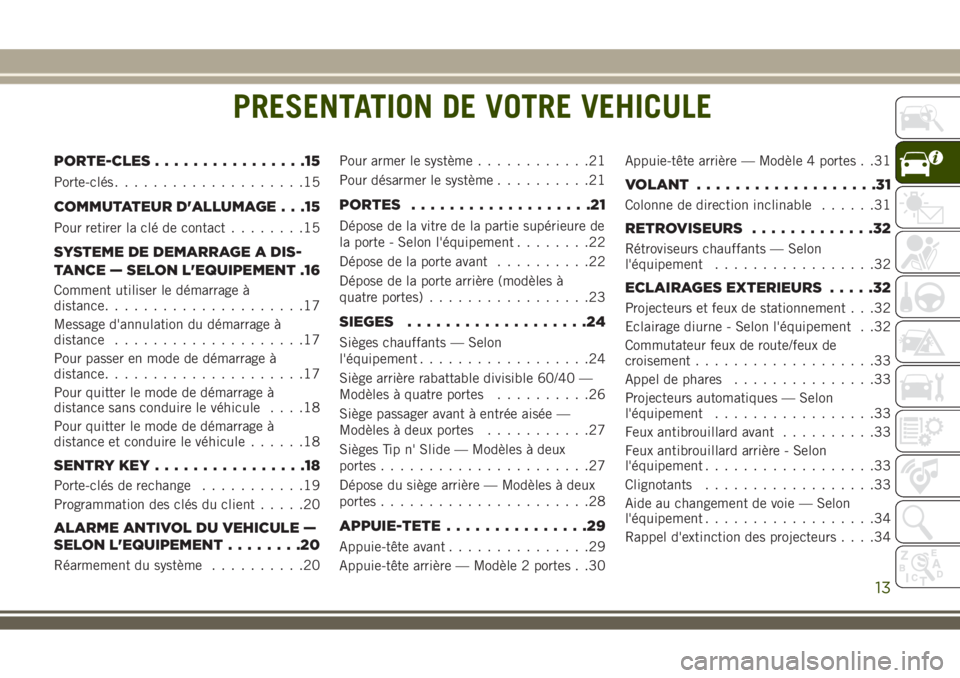 JEEP WRANGLER 2020  Notice dentretien (in French) PRESENTATION DE VOTRE VEHICULE
PORTE-CLES................15
Porte-clés....................15
COMMUTATEUR D'ALLUMAGE . . .15
Pour retirer la clé de contact........15
SYSTEME DE DEMARRAGE A DIS-
T