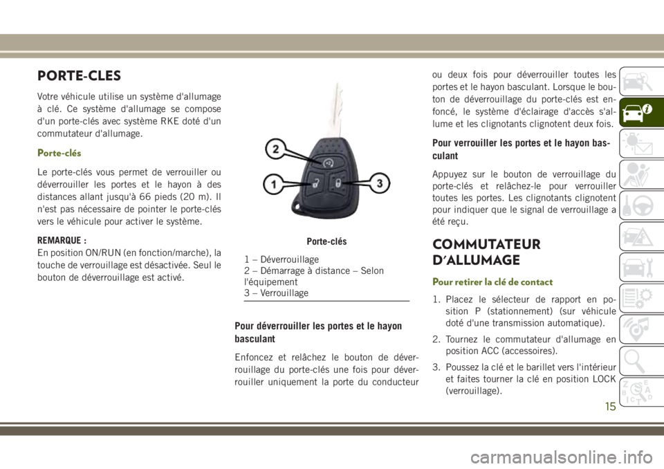 JEEP WRANGLER 2021 Notice dentretien (in French) PORTE-CLES
Votre véhicule utilise un système d'allumage
à clé. Ce système d'allumage se compose
d'un porte-clés avec système RKE doté d'un
commutateur d'allumage.
Porte-clà JEEP WRANGLER 2021 Notice dentretien (in French) PORTE-CLES
Votre véhicule utilise un système d'allumage
à clé. Ce système d'allumage se compose
d'un porte-clés avec système RKE doté d'un
commutateur d'allumage.
Porte-clÃ