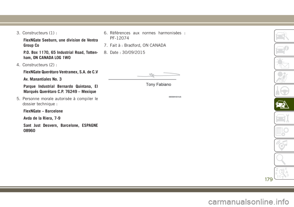 JEEP WRANGLER 2018 Notice dentretien (in French) 3. Constructeurs (1) :
FlexNGate Seeburn, une division de Ventra
Group Co
P.O. Box 1170, 65 Industrial Road, Totten-
ham, ON CANADA L0G 1W0
4. Constructeurs (2) :
FlexNGate Querétaro Ventramex, S.A. JEEP WRANGLER 2018 Notice dentretien (in French) 3. Constructeurs (1) :
FlexNGate Seeburn, une division de Ventra
Group Co
P.O. Box 1170, 65 Industrial Road, Totten-
ham, ON CANADA L0G 1W0
4. Constructeurs (2) :
FlexNGate Querétaro Ventramex, S.A.