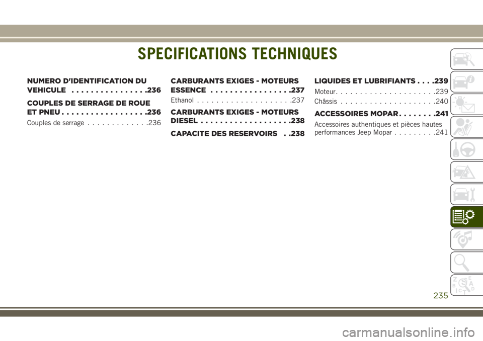 JEEP WRANGLER 2018 Notice dentretien (in French) SPECIFICATIONS TECHNIQUES
NUMERO D'IDENTIFICATION DU
VEHICULE................236
COUPLES DE SERRAGE DE ROUE
ET PNEU..................236
Couples de serrage.............236
CARBURANTS EXIGES - MOTE JEEP WRANGLER 2018 Notice dentretien (in French) SPECIFICATIONS TECHNIQUES
NUMERO D'IDENTIFICATION DU
VEHICULE................236
COUPLES DE SERRAGE DE ROUE
ET PNEU..................236
Couples de serrage.............236
CARBURANTS EXIGES - MOTE