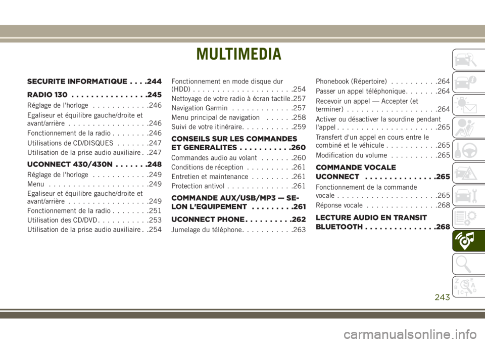 JEEP WRANGLER 2018  Notice dentretien (in French) MULTIMEDIA
SECURITE INFORMATIQUE. . . .244
RADIO 130................245
Réglage de l'horloge............246
Egaliseur et équilibre gauche/droite et
avant/arrière.................246
Fonctionnem