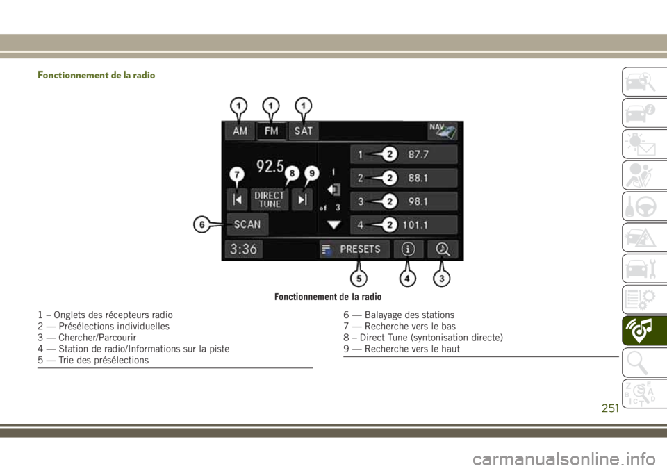 JEEP WRANGLER 2018 Notice dentretien (in French) Fonctionnement de la radio
Fonctionnement de la radio
1 – Onglets des récepteurs radio
2 — Présélections individuelles
3 — Chercher/Parcourir
4 — Station de radio/Informations sur la piste
JEEP WRANGLER 2018 Notice dentretien (in French) Fonctionnement de la radio
Fonctionnement de la radio
1 – Onglets des récepteurs radio
2 — Présélections individuelles
3 — Chercher/Parcourir
4 — Station de radio/Informations sur la piste