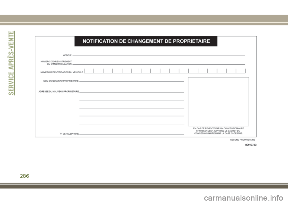 JEEP WRANGLER 2018 Notice dentretien (in French) SERVICE APRÈS-VENTE
286 JEEP WRANGLER 2018 Notice dentretien (in French) SERVICE APRÈS-VENTE
286