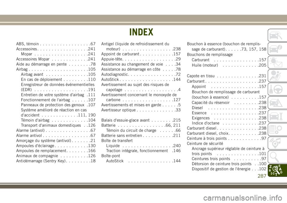JEEP WRANGLER 2018  Notice dentretien (in French) ABS, témoin..................67
Accessoires..................241
Mopar...................241
Accessoires Mopar.............241
Aide au démarrage en pente........78
Airbag.....................105
Air