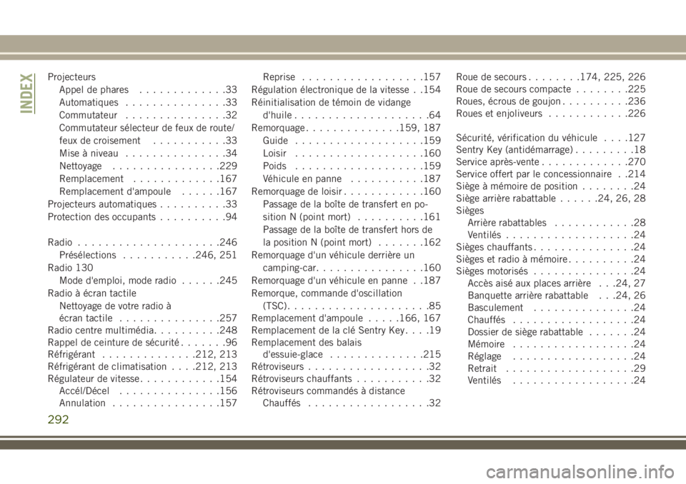 JEEP WRANGLER 2021  Notice dentretien (in French) Projecteurs
Appel de phares.............33
Automatiques...............33
Commutateur...............32
Commutateur sélecteur de feux de route/
feux de croisement...........33
Mise à niveau...........