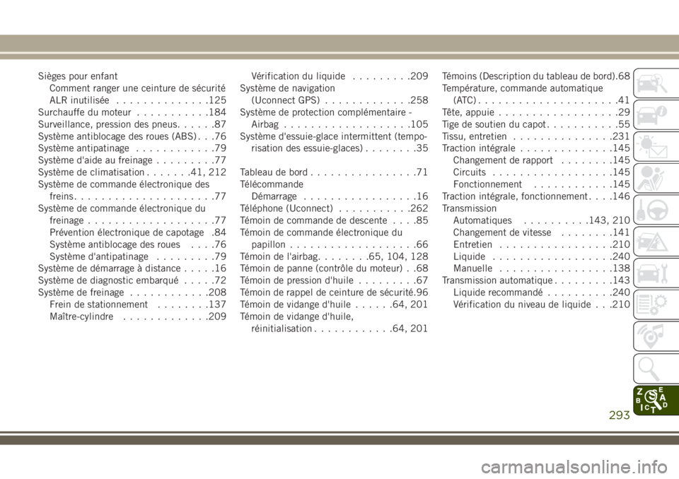 JEEP WRANGLER 2021  Notice dentretien (in French) Sièges pour enfant
Comment ranger une ceinture de sécurité
ALR inutilisée..............125
Surchauffe du moteur...........184
Surveillance, pression des pneus......87
Système antiblocage des roue