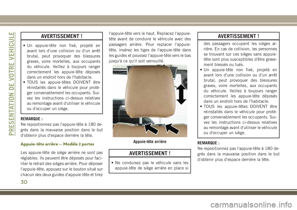 JEEP WRANGLER 2018 Notice dentretien (in French) AVERTISSEMENT !
• Un appuie-tête non fixé, projeté en
avant lors d'une collision ou d'un arrêt
brutal, peut provoquer des blessures
graves, voire mortelles, aux occupants
du véhicule. V JEEP WRANGLER 2018 Notice dentretien (in French) AVERTISSEMENT !
• Un appuie-tête non fixé, projeté en
avant lors d'une collision ou d'un arrêt
brutal, peut provoquer des blessures
graves, voire mortelles, aux occupants
du véhicule. V