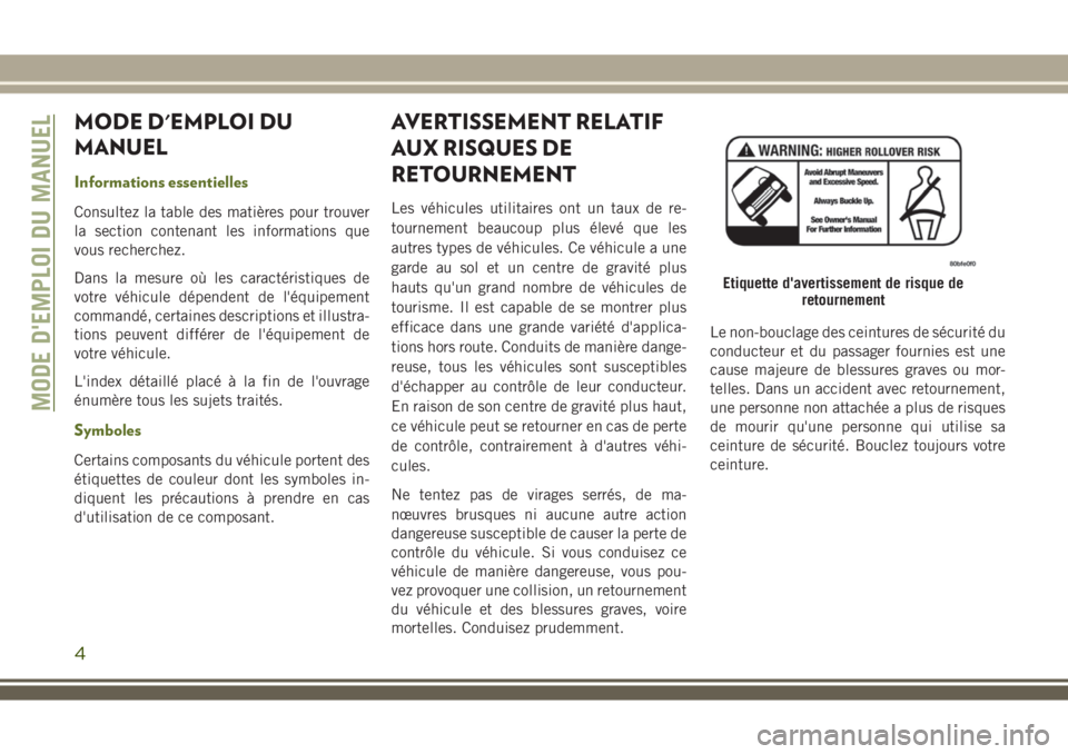 JEEP WRANGLER 2018 Notice dentretien (in French) MODE D'EMPLOI DU
MANUEL
Informations essentielles
Consultez la table des matières pour trouver
la section contenant les informations que
vous recherchez.
Dans la mesure où les caractéristiques JEEP WRANGLER 2018 Notice dentretien (in French) MODE D'EMPLOI DU
MANUEL
Informations essentielles
Consultez la table des matières pour trouver
la section contenant les informations que
vous recherchez.
Dans la mesure où les caractéristiques