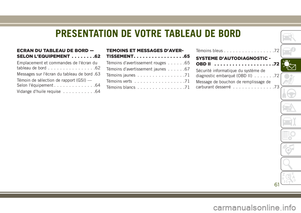 JEEP WRANGLER 2021  Notice dentretien (in French) PRESENTATION DE VOTRE TABLEAU DE BORD
ECRAN DU TABLEAU DE BORD —
SELON L'EQUIPEMENT........62
Emplacement et commandes de l'écran du
tableau de bord................62
Messages sur l'éc