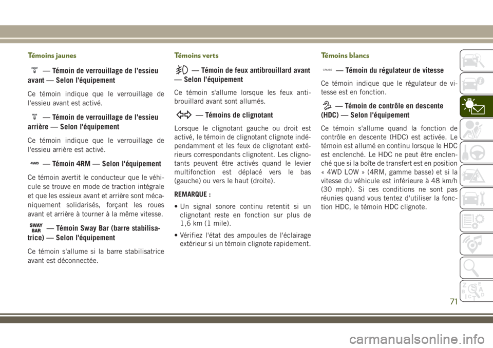 JEEP WRANGLER 2021  Notice dentretien (in French) Témoins jaunes
— Témoin de verrouillage de l’essieu
avant — Selon l'équipement
Ce témoin indique que le verrouillage de
l'essieu avant est activé.
— Témoin de verrouillage de l&#