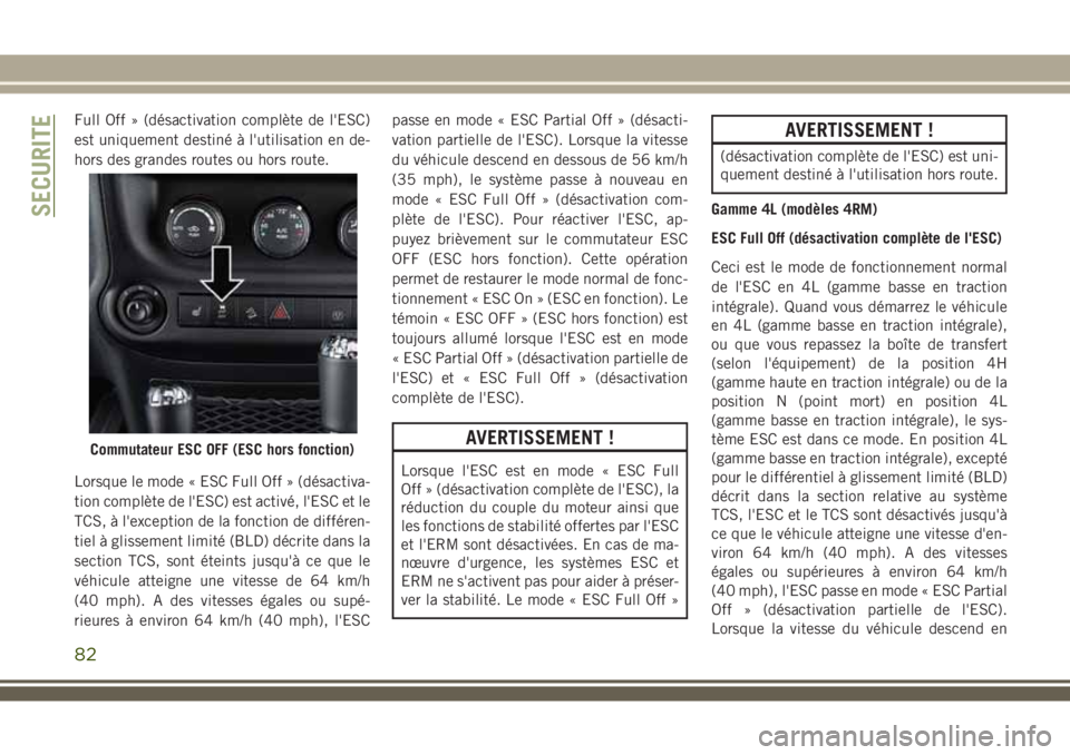 JEEP WRANGLER 2018 Notice dentretien (in French) Full Off » (désactivation complète de l'ESC)
est uniquement destiné à l'utilisation en de-
hors des grandes routes ou hors route.
Lorsque le mode « ESC Full Off » (désactiva-
tion comp JEEP WRANGLER 2018 Notice dentretien (in French) Full Off » (désactivation complète de l'ESC)
est uniquement destiné à l'utilisation en de-
hors des grandes routes ou hors route.
Lorsque le mode « ESC Full Off » (désactiva-
tion comp