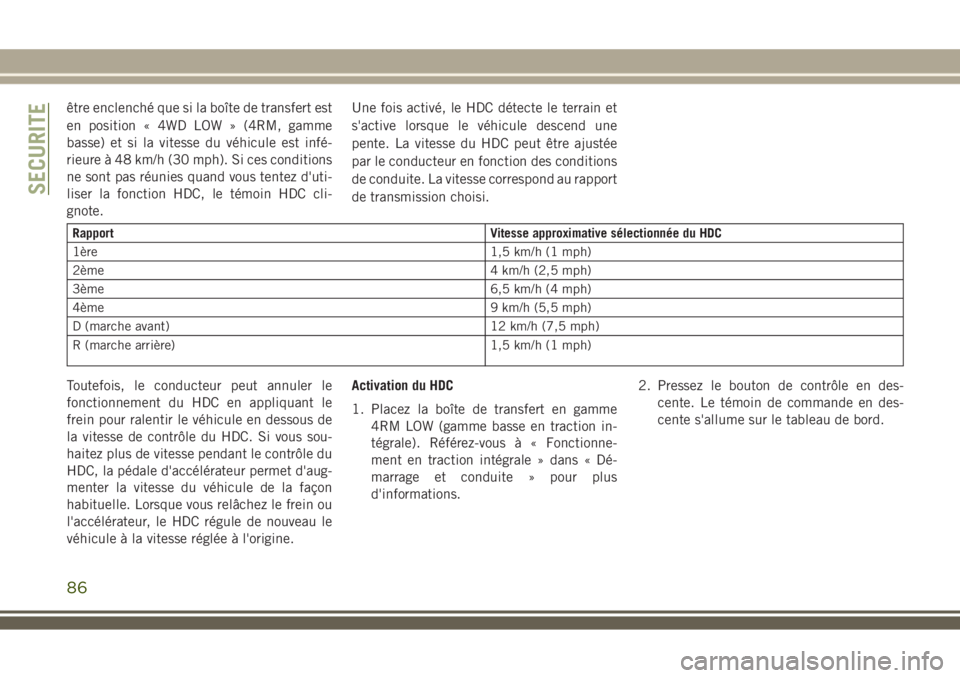 JEEP WRANGLER 2021  Notice dentretien (in French) être enclenché que si la boîte de transfert est
en position « 4WD LOW » (4RM, gamme
basse) et si la vitesse du véhicule est infé-
rieure à 48 km/h (30 mph). Si ces conditions
ne sont pas réun