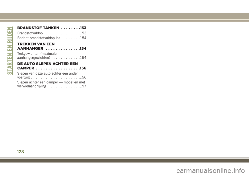 JEEP WRANGLER 2020 Instructieboek (in Dutch) BRANDSTOF TANKEN........153
Brandstofvuldop..............153
Bericht brandstofvuldop los.......154
TREKKEN VAN EEN
AANHANGER..............154
Trekgewichten (maximale
aanhangergewichten)...........154
JEEP WRANGLER 2020 Instructieboek (in Dutch) BRANDSTOF TANKEN........153
Brandstofvuldop..............153
Bericht brandstofvuldop los.......154
TREKKEN VAN EEN
AANHANGER..............154
Trekgewichten (maximale
aanhangergewichten)...........154