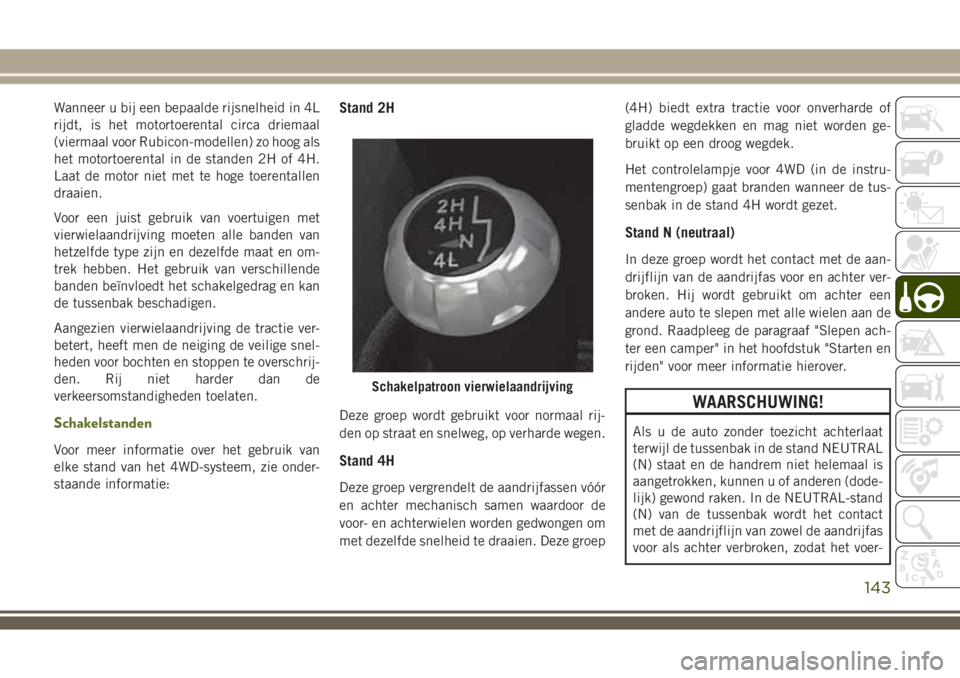 JEEP WRANGLER 2020 Instructieboek (in Dutch) Wanneer u bij een bepaalde rijsnelheid in 4L
rijdt, is het motortoerental circa driemaal
(viermaal voor Rubicon-modellen) zo hoog als
het motortoerental in de standen 2H of 4H.
Laat de motor niet met JEEP WRANGLER 2020 Instructieboek (in Dutch) Wanneer u bij een bepaalde rijsnelheid in 4L
rijdt, is het motortoerental circa driemaal
(viermaal voor Rubicon-modellen) zo hoog als
het motortoerental in de standen 2H of 4H.
Laat de motor niet met
