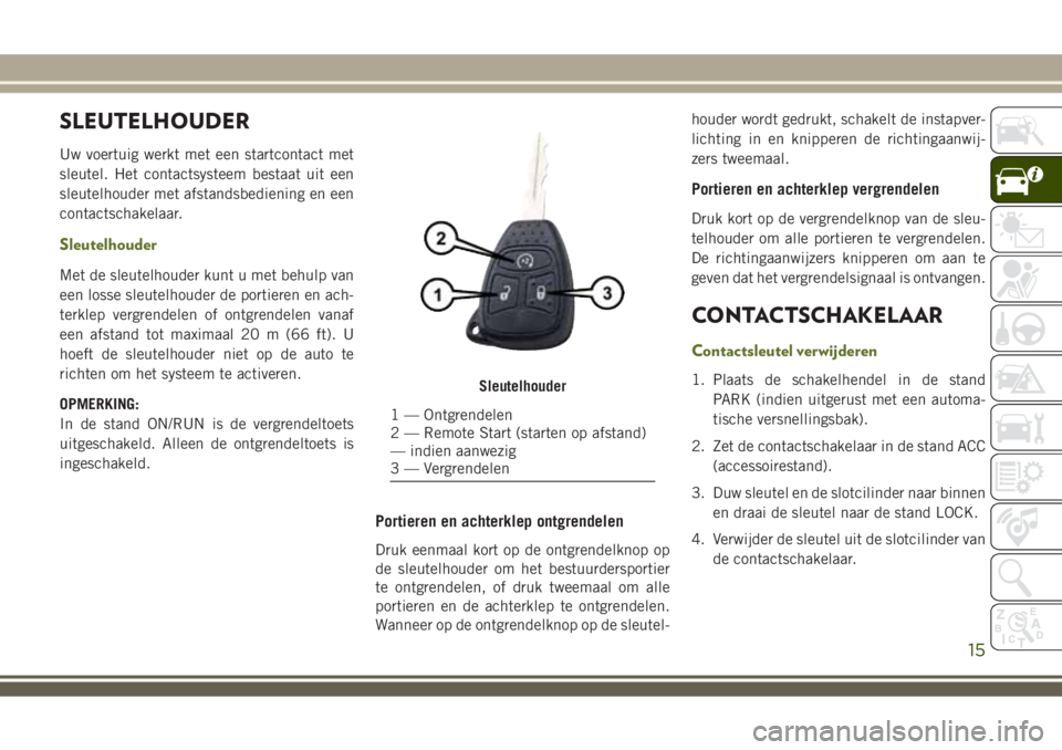 JEEP WRANGLER 2020 Instructieboek (in Dutch) SLEUTELHOUDER
Uw voertuig werkt met een startcontact met
sleutel. Het contactsysteem bestaat uit een
sleutelhouder met afstandsbediening en een
contactschakelaar.
Sleutelhouder
Met de sleutelhouder ku JEEP WRANGLER 2020 Instructieboek (in Dutch) SLEUTELHOUDER
Uw voertuig werkt met een startcontact met
sleutel. Het contactsysteem bestaat uit een
sleutelhouder met afstandsbediening en een
contactschakelaar.
Sleutelhouder
Met de sleutelhouder ku