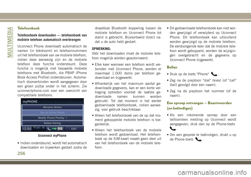 JEEP WRANGLER 2021 Instructieboek (in Dutch) Telefoonboek
Telefoonboek downloaden — telefoonboek van
mobiele telefoon automatisch overbrengen
Uconnect Phone downloadt automatisch de
namen (in tekstvorm) en telefoonnummers
uit het telefoonboek JEEP WRANGLER 2021 Instructieboek (in Dutch) Telefoonboek
Telefoonboek downloaden — telefoonboek van
mobiele telefoon automatisch overbrengen
Uconnect Phone downloadt automatisch de
namen (in tekstvorm) en telefoonnummers
uit het telefoonboek