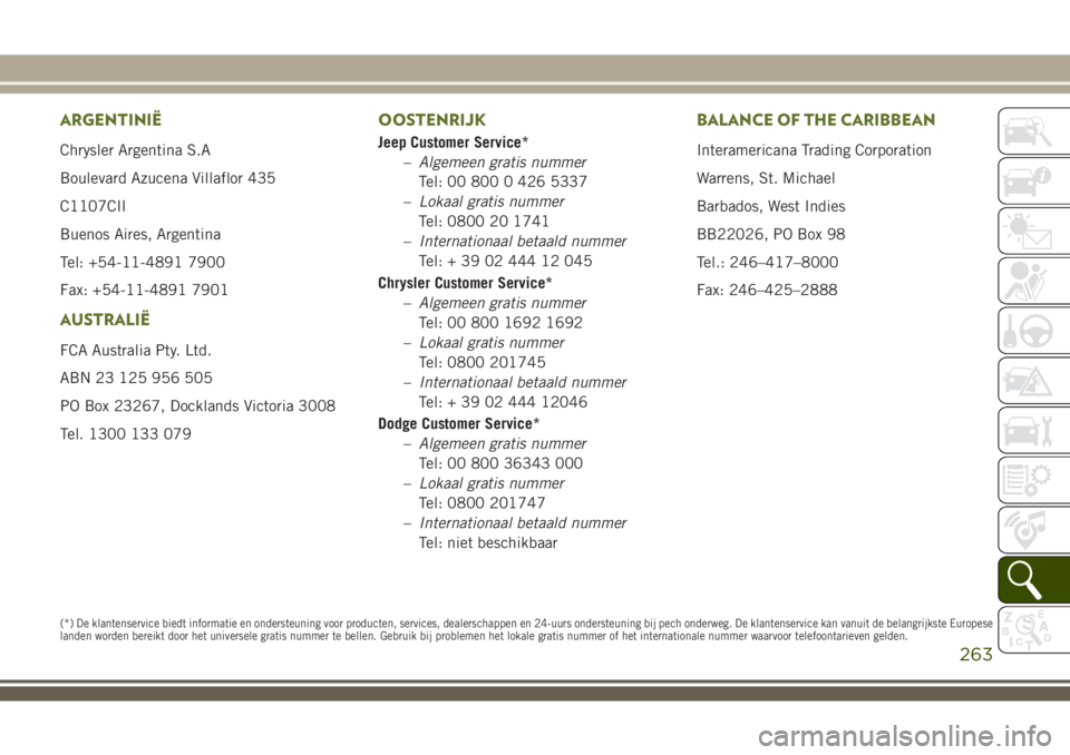 JEEP WRANGLER 2020 Instructieboek (in Dutch) ARGENTINIË
Chrysler Argentina S.A
Boulevard Azucena Villaflor 435
C1107CII
Buenos Aires, Argentina
Tel: +54-11-4891 7900
Fax: +54-11-4891 7901
AUSTRALIË
FCA Australia Pty. Ltd.
ABN 23 125 956 505
PO JEEP WRANGLER 2020 Instructieboek (in Dutch) ARGENTINIË
Chrysler Argentina S.A
Boulevard Azucena Villaflor 435
C1107CII
Buenos Aires, Argentina
Tel: +54-11-4891 7900
Fax: +54-11-4891 7901
AUSTRALIË
FCA Australia Pty. Ltd.
ABN 23 125 956 505
PO