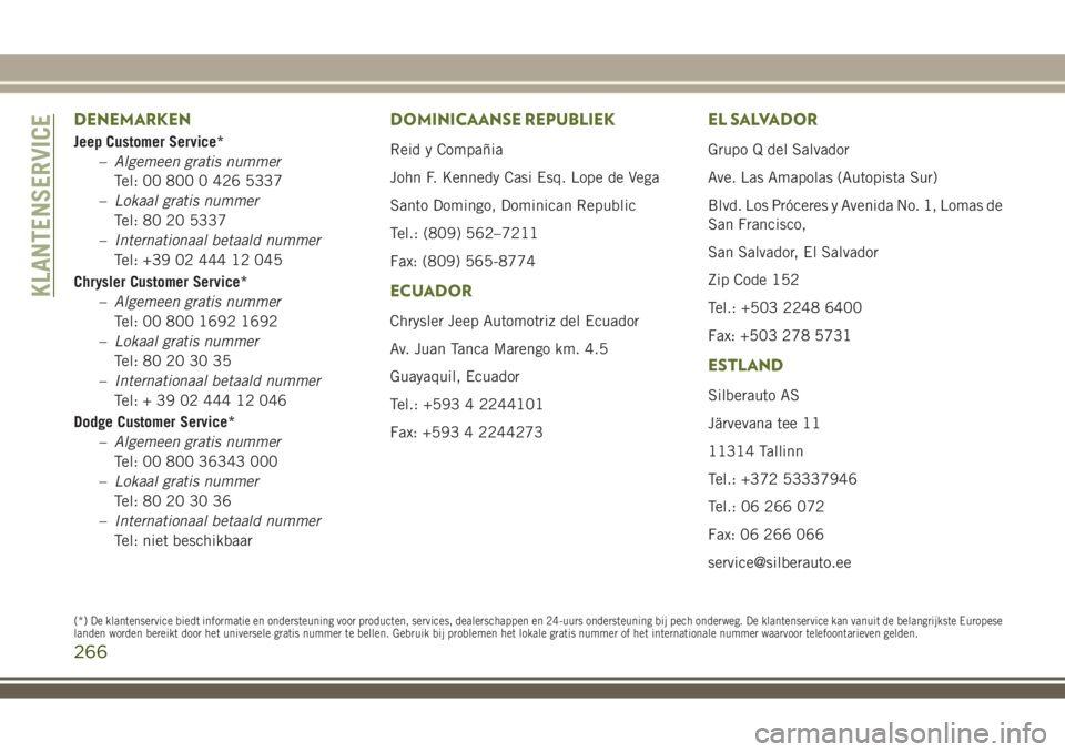 JEEP WRANGLER 2020 Instructieboek (in Dutch) DENEMARKEN
Jeep Customer Service*
–Algemeen gratis nummer
Tel: 00 800 0 426 5337
–Lokaal gratis nummer
Tel: 80 20 5337
–Internationaal betaald nummer
Tel: +39 02 444 12 045
Chrysler Customer Ser JEEP WRANGLER 2020 Instructieboek (in Dutch) DENEMARKEN
Jeep Customer Service*
–Algemeen gratis nummer
Tel: 00 800 0 426 5337
–Lokaal gratis nummer
Tel: 80 20 5337
–Internationaal betaald nummer
Tel: +39 02 444 12 045
Chrysler Customer Ser
