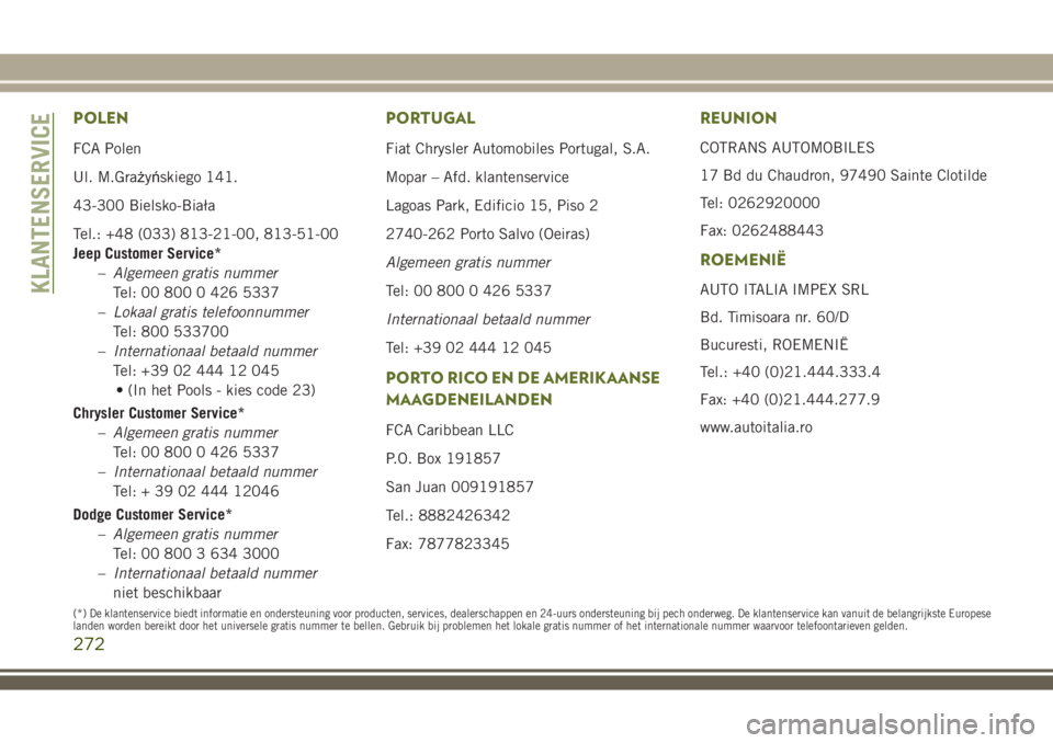 JEEP WRANGLER 2020 Instructieboek (in Dutch) POLEN
FCA Polen
Ul. M.Grażyńskiego 141.
43-300 Bielsko-Biała
Tel.: +48 (033) 813-21-00, 813-51-00
Jeep Customer Service*
–Algemeen gratis nummer
Tel: 00 800 0 426 5337
–Lokaal gratis telefoonnu JEEP WRANGLER 2020 Instructieboek (in Dutch) POLEN
FCA Polen
Ul. M.Grażyńskiego 141.
43-300 Bielsko-Biała
Tel.: +48 (033) 813-21-00, 813-51-00
Jeep Customer Service*
–Algemeen gratis nummer
Tel: 00 800 0 426 5337
–Lokaal gratis telefoonnu