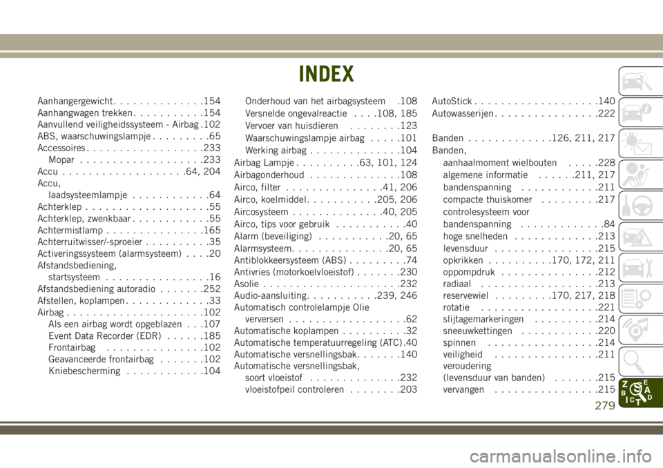 JEEP WRANGLER 2021 Instructieboek (in Dutch) Aanhangergewicht..............154
Aanhangwagen trekken...........154
Aanvullend veiligheidssysteem - Airbag .102
ABS, waarschuwingslampje.........65
Accessoires..................233
Mopar............. JEEP WRANGLER 2021 Instructieboek (in Dutch) Aanhangergewicht..............154
Aanhangwagen trekken...........154
Aanvullend veiligheidssysteem - Airbag .102
ABS, waarschuwingslampje.........65
Accessoires..................233
Mopar.............
