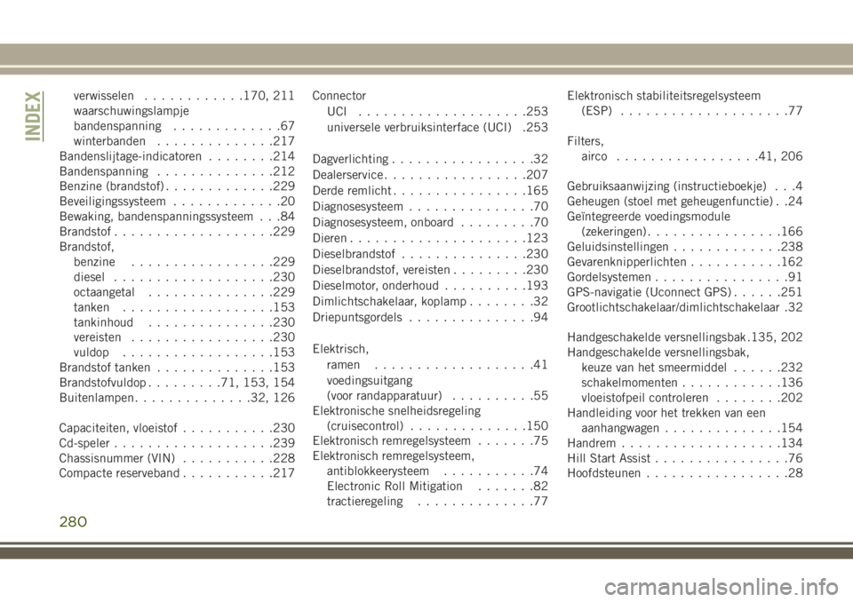 JEEP WRANGLER 2020 Instructieboek (in Dutch) verwisselen............170, 211
waarschuwingslampje
bandenspanning.............67
winterbanden..............217
Bandenslijtage-indicatoren........214
Bandenspanning..............212
Benzine (brandstof JEEP WRANGLER 2020 Instructieboek (in Dutch) verwisselen............170, 211
waarschuwingslampje
bandenspanning.............67
winterbanden..............217
Bandenslijtage-indicatoren........214
Bandenspanning..............212
Benzine (brandstof