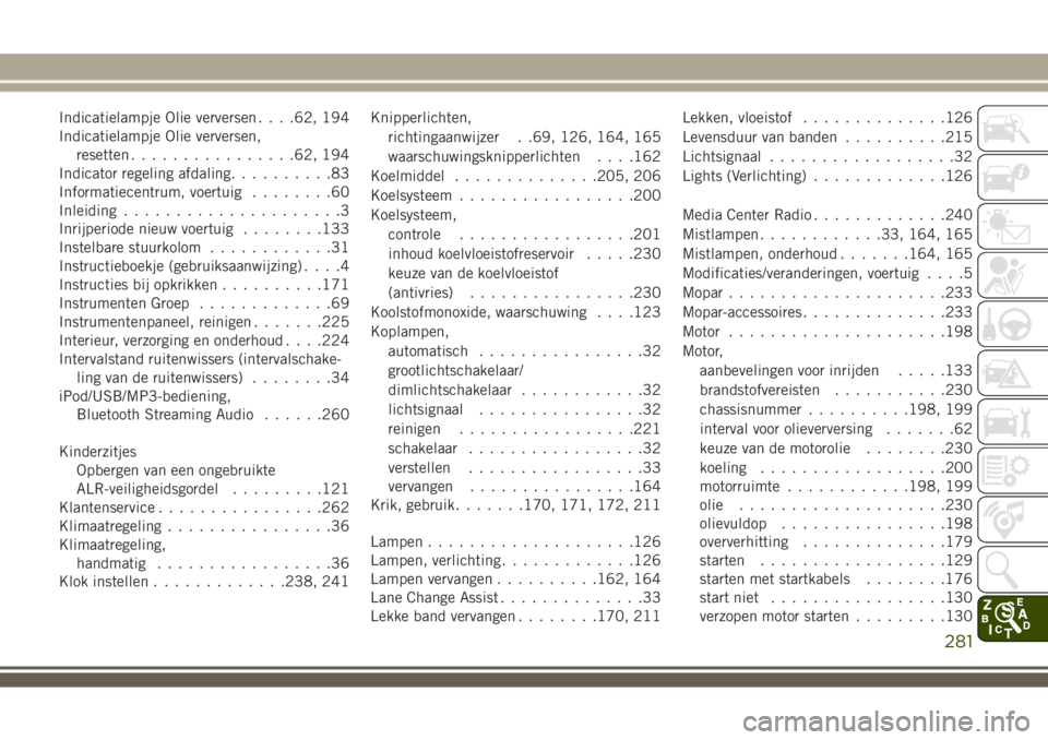JEEP WRANGLER 2020 Instructieboek (in Dutch) Indicatielampje Olie verversen. . . .62, 194
Indicatielampje Olie verversen,
resetten................62, 194
Indicator regeling afdaling..........83
Informatiecentrum, voertuig........60
Inleiding.... JEEP WRANGLER 2020 Instructieboek (in Dutch) Indicatielampje Olie verversen. . . .62, 194
Indicatielampje Olie verversen,
resetten................62, 194
Indicator regeling afdaling..........83
Informatiecentrum, voertuig........60
Inleiding....