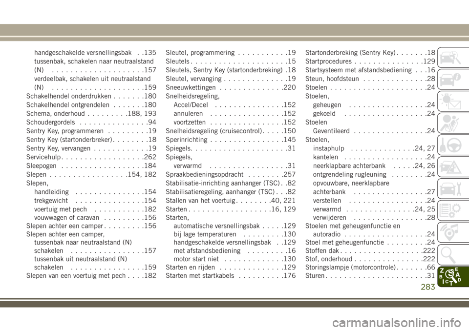JEEP WRANGLER 2020 Instructieboek (in Dutch) handgeschakelde versnellingsbak . .135
tussenbak, schakelen naar neutraalstand
(N) ....................157
verdeelbak, schakelen uit neutraalstand
(N) ....................159
Schakelhendel onderdrukke JEEP WRANGLER 2020 Instructieboek (in Dutch) handgeschakelde versnellingsbak . .135
tussenbak, schakelen naar neutraalstand
(N) ....................157
verdeelbak, schakelen uit neutraalstand
(N) ....................159
Schakelhendel onderdrukke
