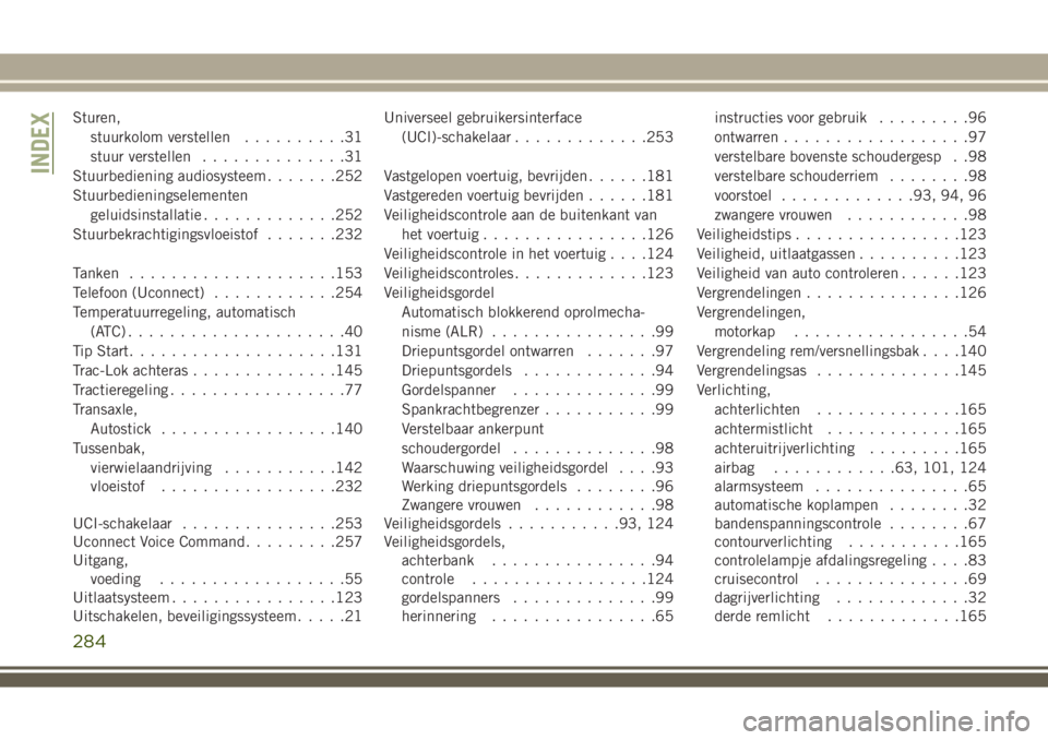 JEEP WRANGLER 2020 Instructieboek (in Dutch) Sturen,
stuurkolom verstellen..........31
stuur verstellen..............31
Stuurbediening audiosysteem.......252
Stuurbedieningselementen
geluidsinstallatie.............252
Stuurbekrachtigingsvloeisto JEEP WRANGLER 2020 Instructieboek (in Dutch) Sturen,
stuurkolom verstellen..........31
stuur verstellen..............31
Stuurbediening audiosysteem.......252
Stuurbedieningselementen
geluidsinstallatie.............252
Stuurbekrachtigingsvloeisto