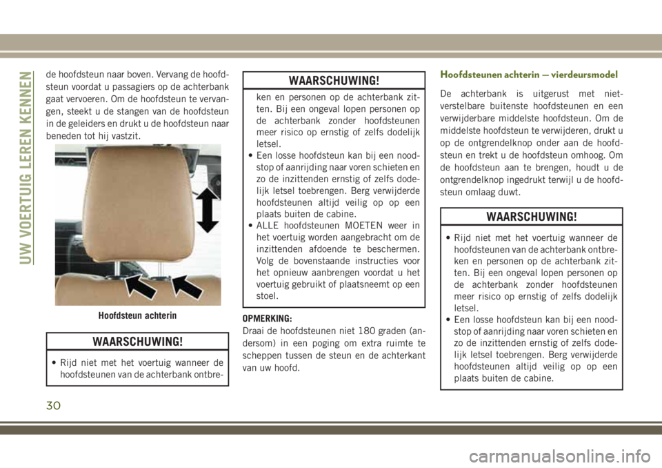 JEEP WRANGLER 2020 Instructieboek (in Dutch) de hoofdsteun naar boven. Vervang de hoofd-
steun voordat u passagiers op de achterbank
gaat vervoeren. Om de hoofdsteun te vervan-
gen, steekt u de stangen van de hoofdsteun
in de geleiders en drukt JEEP WRANGLER 2020 Instructieboek (in Dutch) de hoofdsteun naar boven. Vervang de hoofd-
steun voordat u passagiers op de achterbank
gaat vervoeren. Om de hoofdsteun te vervan-
gen, steekt u de stangen van de hoofdsteun
in de geleiders en drukt