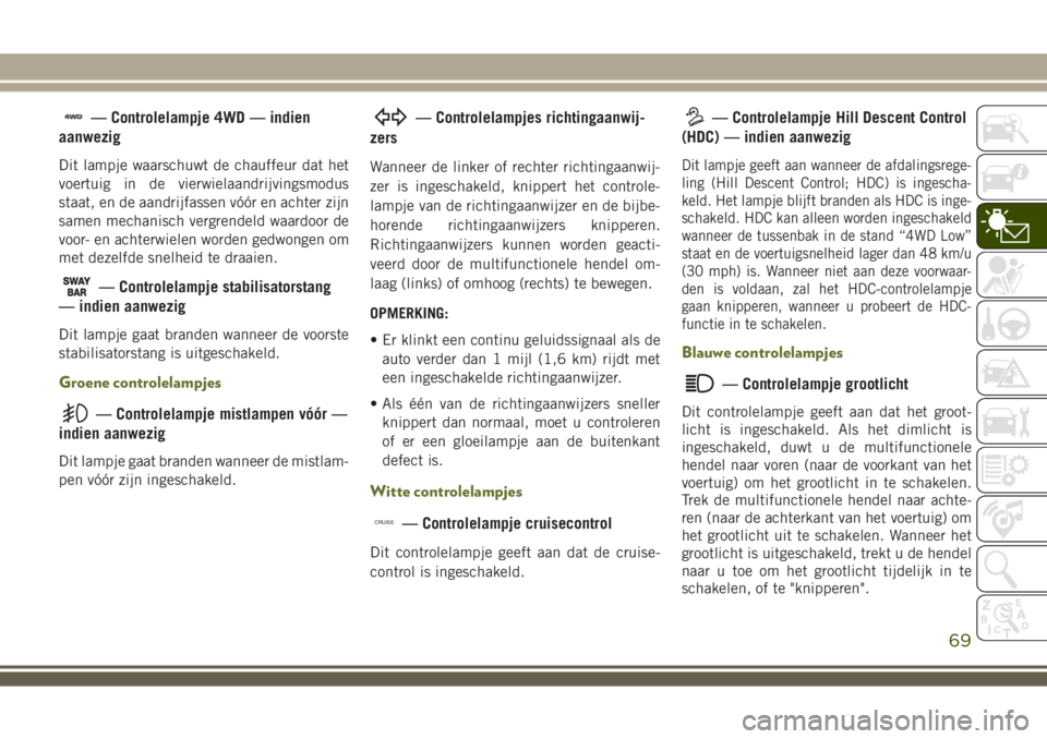 JEEP WRANGLER 2019 Instructieboek (in Dutch) — Controlelampje 4WD — indien
aanwezig
Dit lampje waarschuwt de chauffeur dat het
voertuig in de vierwielaandrijvingsmodus
staat, en de aandrijfassen vóór en achter zijn
samen mechanisch vergren JEEP WRANGLER 2019 Instructieboek (in Dutch) — Controlelampje 4WD — indien
aanwezig
Dit lampje waarschuwt de chauffeur dat het
voertuig in de vierwielaandrijvingsmodus
staat, en de aandrijfassen vóór en achter zijn
samen mechanisch vergren
