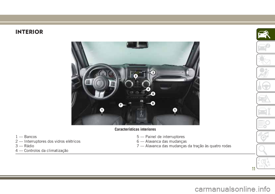 JEEP WRANGLER 2020 Manual de Uso e Manutenção (in Portuguese) INTERIOR
Características interiores
1 — Bancos 5 — Painel de interruptores
2 — Interruptores dos vidros elétricos 6 — Alavanca das mudanças
3 — Rádio 7 — Alavanca das mudanças da tra JEEP WRANGLER 2020 Manual de Uso e Manutenção (in Portuguese) INTERIOR
Características interiores
1 — Bancos 5 — Painel de interruptores
2 — Interruptores dos vidros elétricos 6 — Alavanca das mudanças
3 — Rádio 7 — Alavanca das mudanças da tra