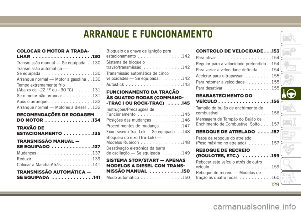 JEEP WRANGLER 2020 Manual de Uso e Manutenção (in Portuguese) ARRANQUE E FUNCIONAMENTO
COLOCAROMOTORATRABA-
LHAR....................130
Transmissão manual — Se equipada . .130
Transmissão automática —
Se equipada.................130
Arranque normal — Mo JEEP WRANGLER 2020 Manual de Uso e Manutenção (in Portuguese) ARRANQUE E FUNCIONAMENTO
COLOCAROMOTORATRABA-
LHAR....................130
Transmissão manual — Se equipada . .130
Transmissão automática —
Se equipada.................130
Arranque normal — Mo