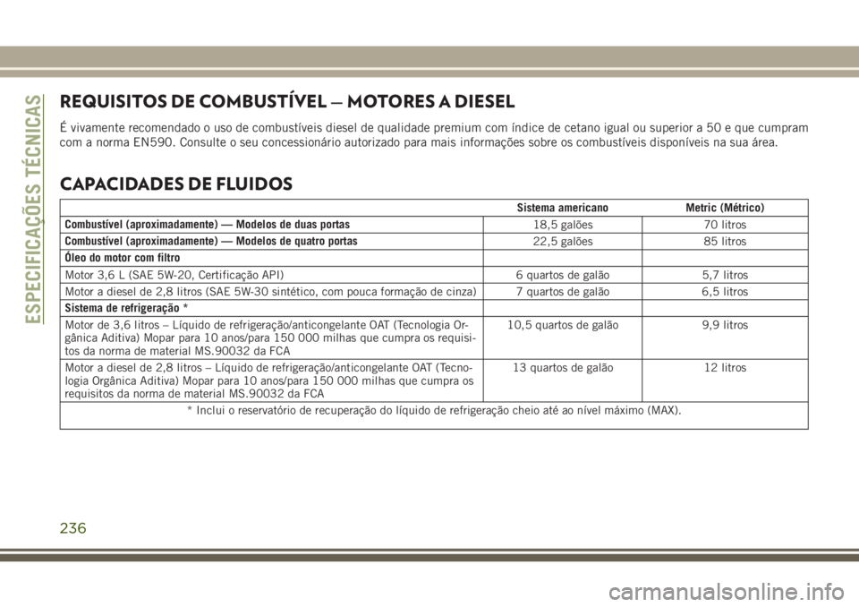 JEEP WRANGLER 2018  Manual de Uso e Manutenção (in Portuguese) REQUISITOS DE COMBUSTÍVEL — MOTORES A DIESEL
É vivamente recomendado o uso de combustíveis diesel de qualidade premium com índice de cetano igual ou superior a 50 e que cumpram
com a norma EN590