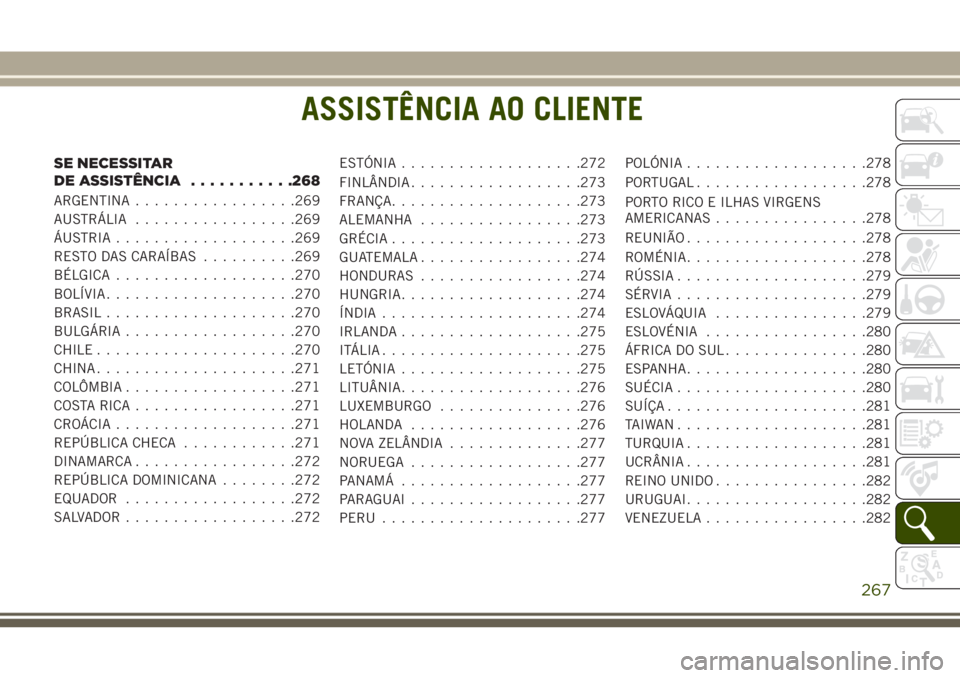 JEEP WRANGLER 2018 Manual de Uso e Manutenção (in Portuguese) ASSISTÊNCIA AO CLIENTE
SE NECESSITAR
DE ASSISTÊNCIA...........268
ARGENTINA.................269
AUSTRÁLIA.................269
ÁUSTRIA...................269
RESTO DAS CARAÍBAS..........269
BÉLGIC JEEP WRANGLER 2018 Manual de Uso e Manutenção (in Portuguese) ASSISTÊNCIA AO CLIENTE
SE NECESSITAR
DE ASSISTÊNCIA...........268
ARGENTINA.................269
AUSTRÁLIA.................269
ÁUSTRIA...................269
RESTO DAS CARAÍBAS..........269
BÉLGIC