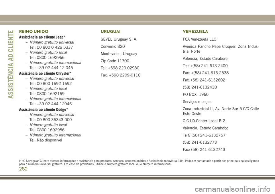 JEEP WRANGLER 2018 Manual de Uso e Manutenção (in Portuguese) REINO UNIDO
Assistência ao cliente Jeep*
–Número gratuito universal
Tel: 00 800 0 426 5337
–Número gratuito local
Tel: 0800 1692966
–Número gratuito internacional
Tel: +39 02 444 12 045
Assi JEEP WRANGLER 2018 Manual de Uso e Manutenção (in Portuguese) REINO UNIDO
Assistência ao cliente Jeep*
–Número gratuito universal
Tel: 00 800 0 426 5337
–Número gratuito local
Tel: 0800 1692966
–Número gratuito internacional
Tel: +39 02 444 12 045
Assi