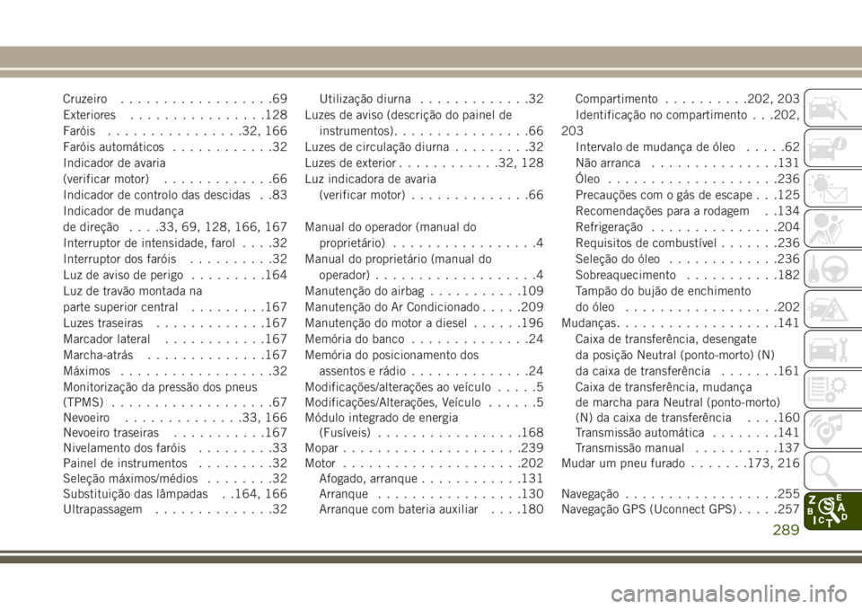 JEEP WRANGLER 2020 Manual de Uso e Manutenção (in Portuguese) Cruzeiro..................69
Exteriores................128
Faróis................32, 166
Faróis automáticos............32
Indicador de avaria
(verificar motor).............66
Indicador de controlo JEEP WRANGLER 2020 Manual de Uso e Manutenção (in Portuguese) Cruzeiro..................69
Exteriores................128
Faróis................32, 166
Faróis automáticos............32
Indicador de avaria
(verificar motor).............66
Indicador de controlo