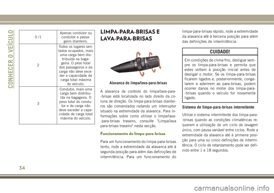 JEEP WRANGLER 2019  Manual de Uso e Manutenção (in Portuguese) 0/1Apenas condutor ou
condutor e passa-
geiro dianteiro.
2Todos os lugares sen-
tados ocupados, mais
uma carga bem dis-
tribuída na baga-
geira. O peso total
dos passageiros e da
carga não deve exce