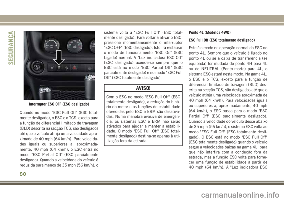 JEEP WRANGLER 2018 Manual de Uso e Manutenção (in Portuguese) Quando no modo "ESC Full Off" (ESC total-
mente desligado), o ESC e o TCS, exceto para
a função de diferencial limitado de travagem
(BLD) descrita na secção TCS, são desligados
até que o JEEP WRANGLER 2018 Manual de Uso e Manutenção (in Portuguese) Quando no modo "ESC Full Off" (ESC total-
mente desligado), o ESC e o TCS, exceto para
a função de diferencial limitado de travagem
(BLD) descrita na secção TCS, são desligados
até que o